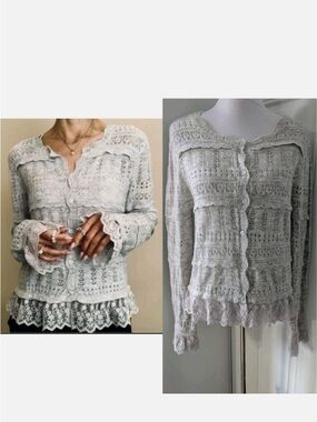 Caroline Constas Pale Gray Lace-Trim Cardigan Sweater
